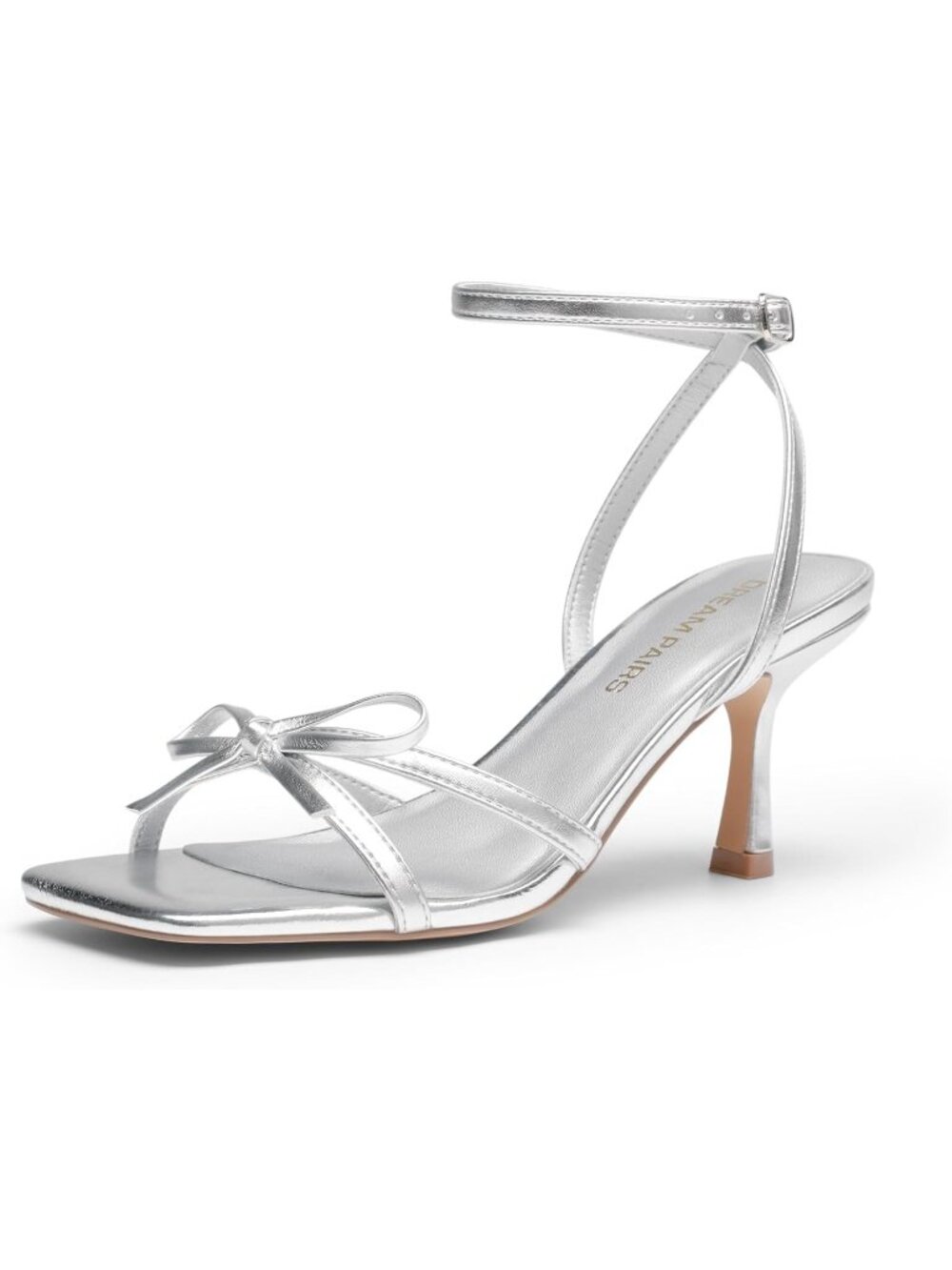 Dream Pairs Women's Silver Kitten High Heel Sandal Square Toe Strappy Bow Shoes